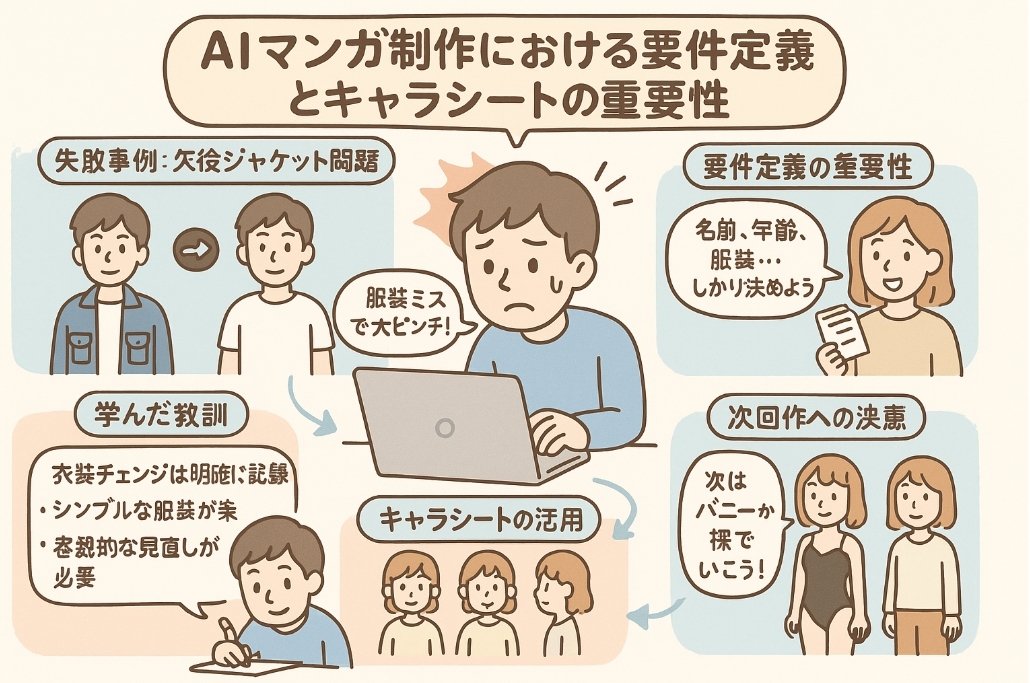 AIマンガ制作のライフハック!キャラシートと要件定義があれば服装ミスも防げる✨
衣装変更は枠外に赤字メモ、シンプルな服がおすすめ!次回作はバニーか裸で攻めます😉☆(なに言ってるんだ) 