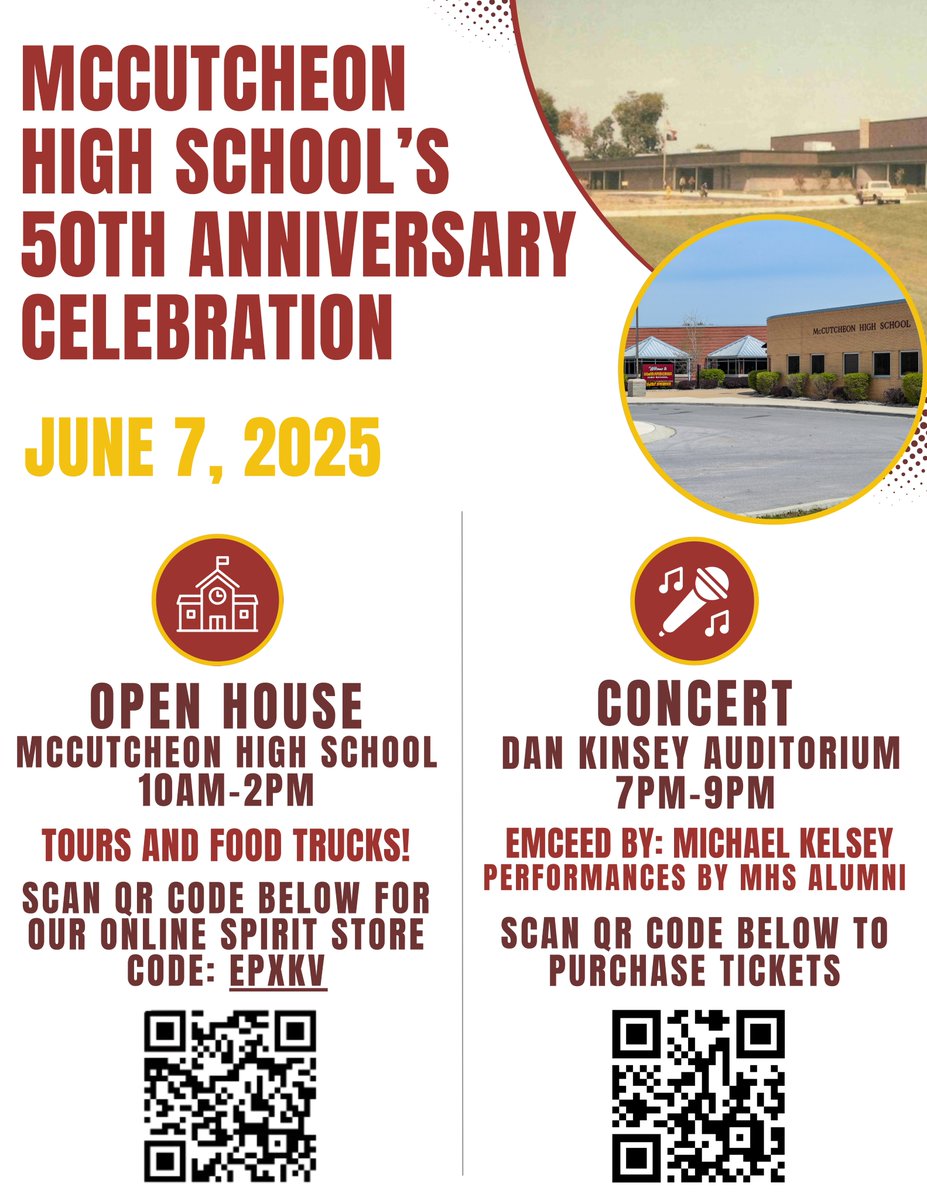McCutcheon High School is celebrating its 50th Anniversary on Saturday, June 7th, and you are invited to join the celebration --10AM to 2PM! Special concert at 7PM in The Auditorium featuring performances by Michael Kelsey, Bruce Barker, and others. Tickets go on sale May 2nd!