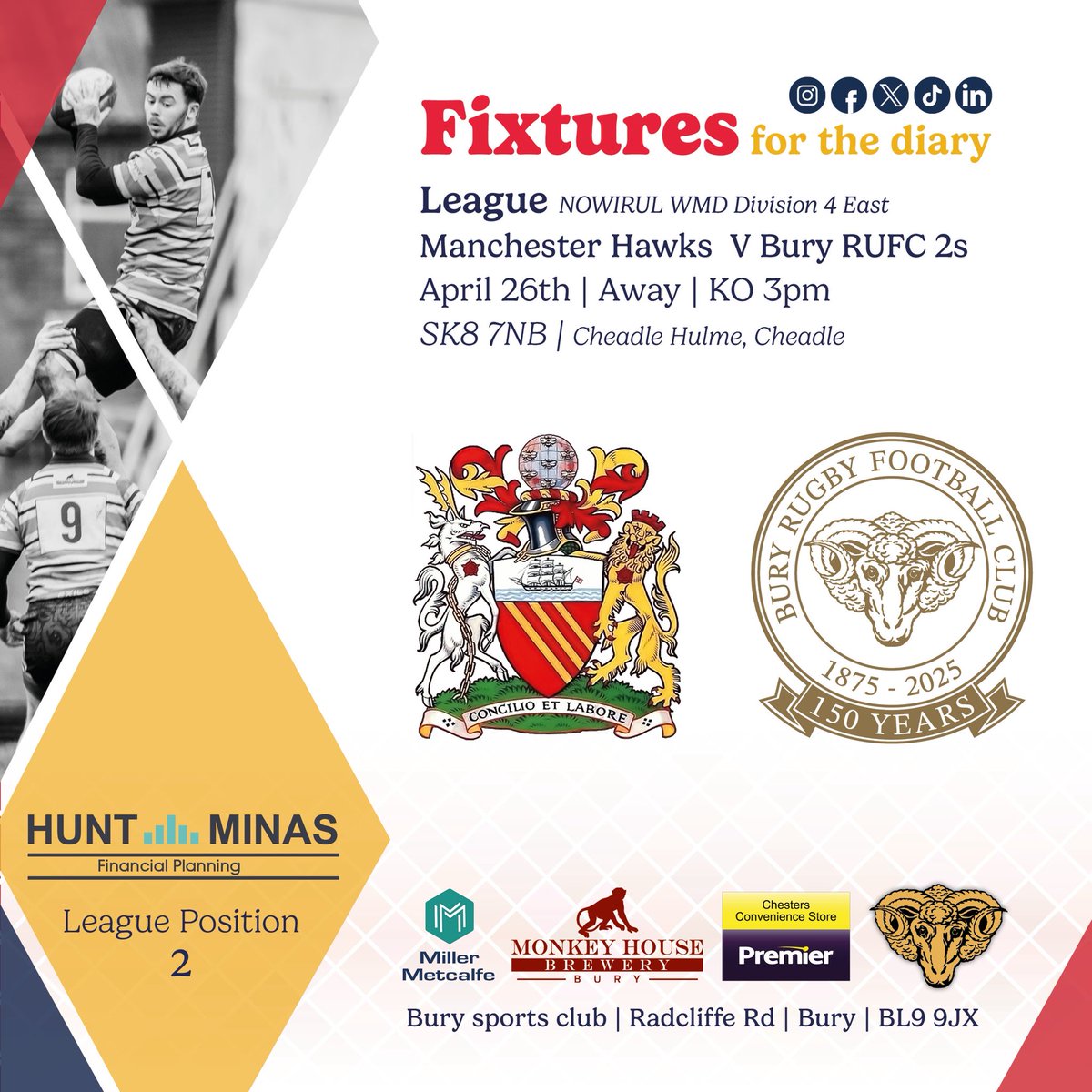 Fixtures!

1s continue in the #papajohnscup as they welcome @oldotliensiansrufc to Radcliffe Road. 
Bury Sports Club, Radcliffe Road, Bury, BL9 9JX 15:00

2s play Manchester Hawks. 

Grove Park, Grove Ln, Cheadle Hulme, SK8 7NB 15:00

#rugby #rugbyunion #grassrootsrugby #bury