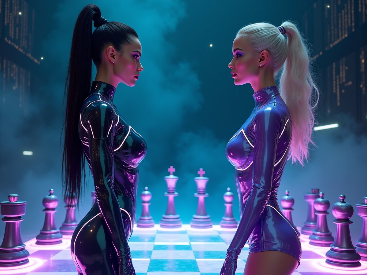 AiXOffice's tweet image. Checkmate in style! ♟️ Facing off in a neon-lit showdown. Who’s making the next move? #CyberChess #NeonBattle #GameOn #FuturisticVibes