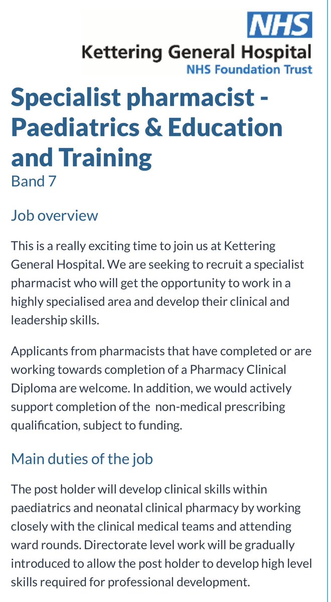 There is a rare opportunity to join our team! A perfect combination of E&amp;T and Paediatrics for an enthusiastic band 7 pharmacist. The closing date is 7th May with the interview on 10th June. Take a look 👀 healthjobsuk.com/job/UK/Northam…