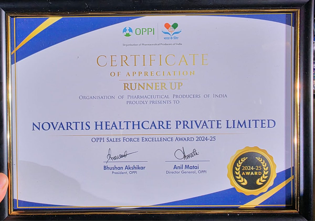 An evening that celebrated #impact, #innovation, and the people behind it!
At the <a href="/OPPIIndia/">OPPI India</a>'s 58th Annual Day, #NovartisIndia was honoured with two awards:

🏆 Runner-Up – OPPI Marketing Excellence Award for our new cardiovascular medicine
🏆 Runner-Up – OPPI Sales Force