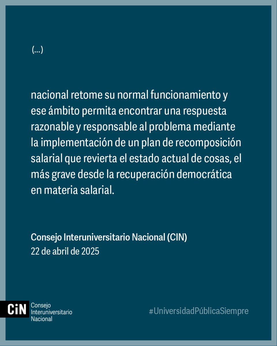 📢El CIN advierte  que la situación salarial de docentes y nodocentes de las univ. es crítica y solicita a las autoridades nac. un plan de recomposición que devuelva dignidad al salario de las y los trabajadores de la educ sup. 
Texto completo en cin.edu.ar/sin-salarios-d…