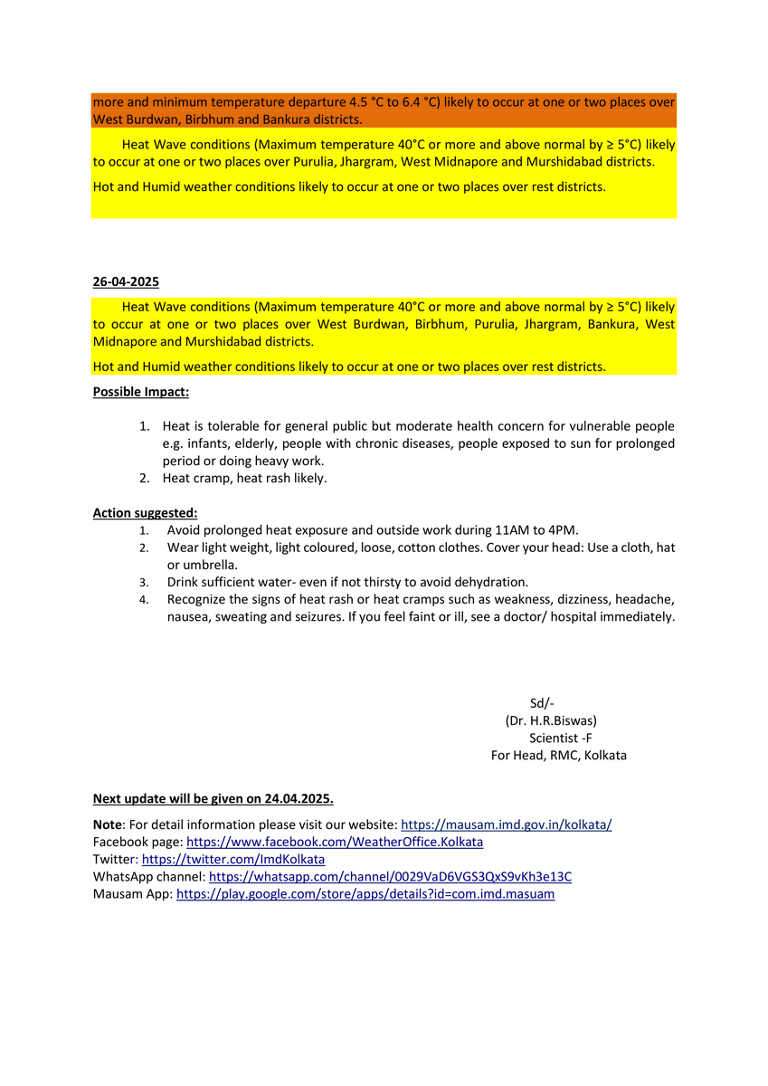 ImdKolkata's tweet photo. Special Bulletin No. 2: Heat Wave condition likely over some districts of South Bengal during 23rd to 26thApril, 2025. https://t.co/lfT67RBTlN