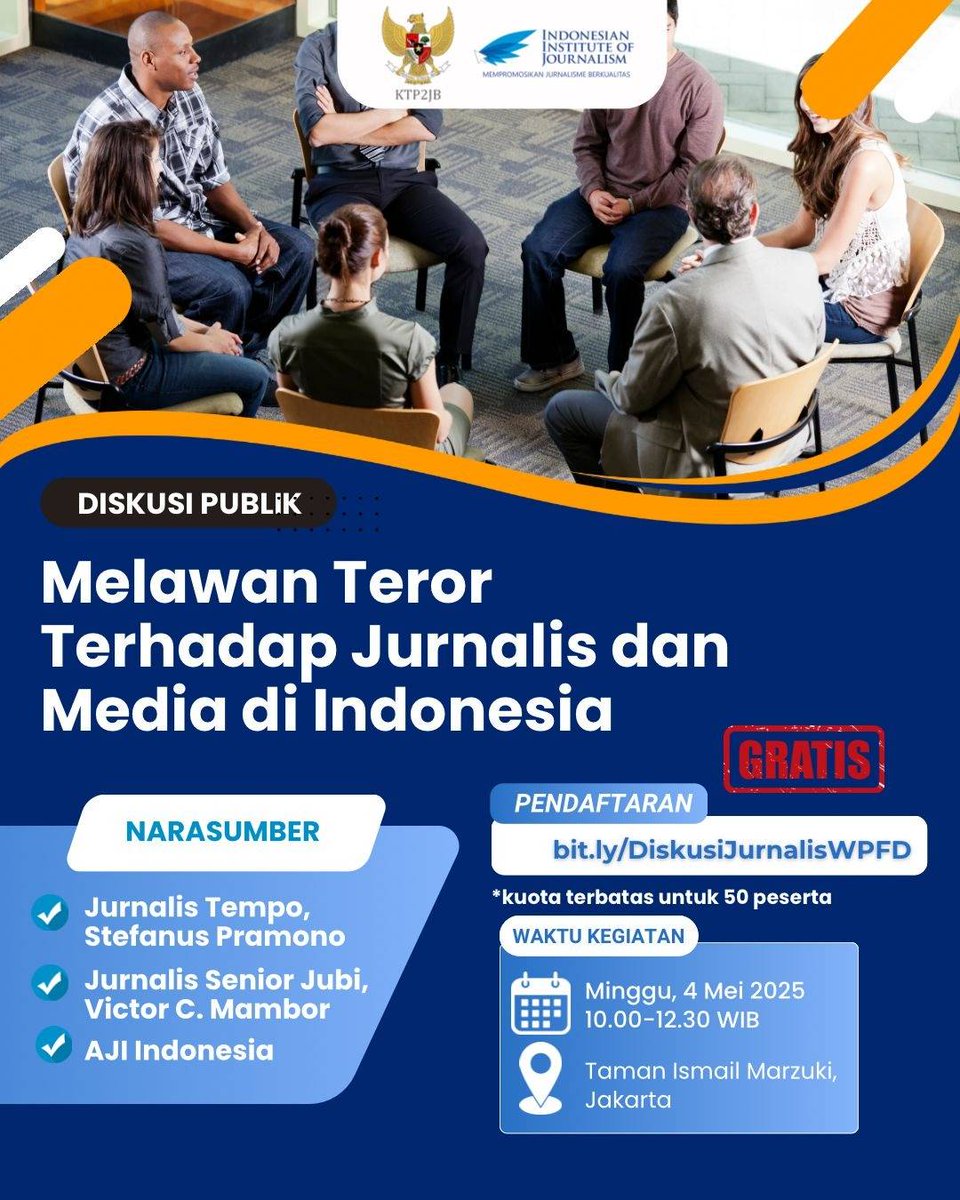 🗣️ Diskusi Publik: Melawan Teror Terhadap Jurnalis dan Media di Indonesia
📍 Taman Ismail Marzuki, Jakarta 
📅 Minggu, 4 Mei 2025 
🕙 10.00 – 12.30 WIB

🎟️ Tempat terbatas!
💻 Daftar sekarang di: bit.ly/DiskusiJurnali…

#WorldPressFreedomDay #KebebasanPers  #DiskusiPublik