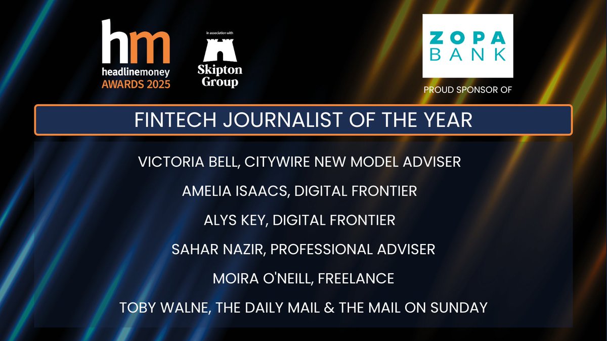 Here’s the shortlist for our #HMAwards25 Fintech Journalist of the Year category, sponsored by <a href="/Zopa/">Zopa Bank</a>
  
 Well done <a href="/alys_key/">Alys Key</a>, <a href="/AmeliaKIsaacs/">Amelia Isaacs</a>, <a href="/MoiraONeill/">Moira O'Neill</a>, <a href="/saharjourno/">Sahar Nazir</a>, <a href="/tobywalne/">Toby Walne</a> &amp; Victoria Bell👏
 
 tinyurl.com/3wkkrzkp
