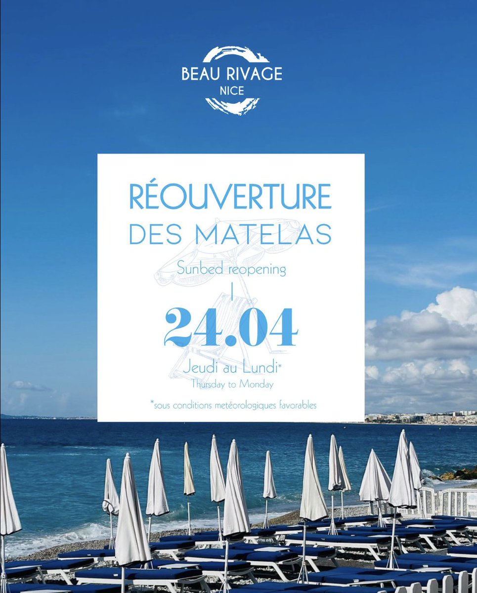 Plage Beau Rivage (@plagebeaurivage) on Twitter photo #PlageBeauRivage
Le bonheur rayonne avec le soleil ! Dès ce jeudi 24 avril, nous avons le plaisir de vous accueillir pour l’ouverture officielle des matelas à la Plage Beau Rivage à Nice. <a href="/VisitCotedazur/">Côte d'Azur France</a> <a href="/ExploreNCA/">Explore Nice Côte d'Azur</a> #PlageBeauRivage
Le bonheur rayonne avec le soleil ! Dès ce jeudi 24 avril, nous avons le plaisir de vous accueillir pour l’ouverture officielle des matelas à la Plage Beau Rivage à Nice. <a href="/VisitCotedazur/">Côte d'Azur France</a> <a href="/ExploreNCA/">Explore Nice Côte d'Azur</a>