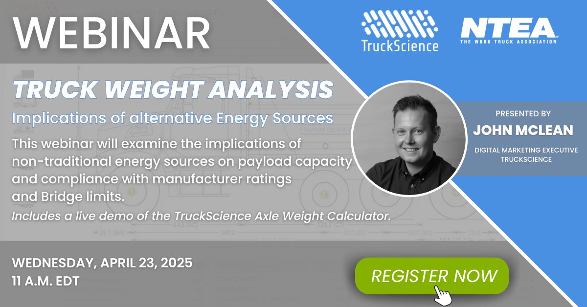Webinar TODAY!

Take 45 minutes to learn how to use the TruckScience Axle Weight Calculator to deliver safe, legal and efficient trucks.

Register now - us06web.zoom.us/webinar/regist…