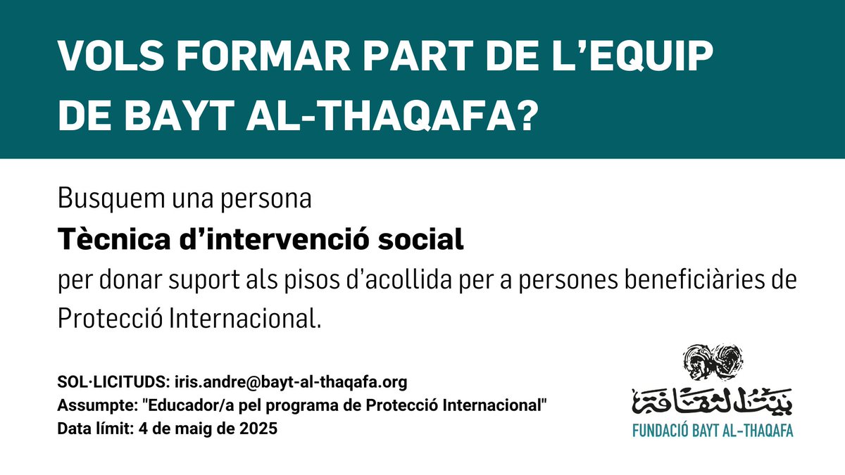💼 OFERTA DE FEINA | Busquem educador/a pel programa de Protecció Internacional.

🎓 Cal titulació en Educació Social, Psicologia, Treball Social o similar i dos anys d'experiència en Protecció Internacional.

➕ info 👉 bayt-al-thaqafa.org/sites/default/…