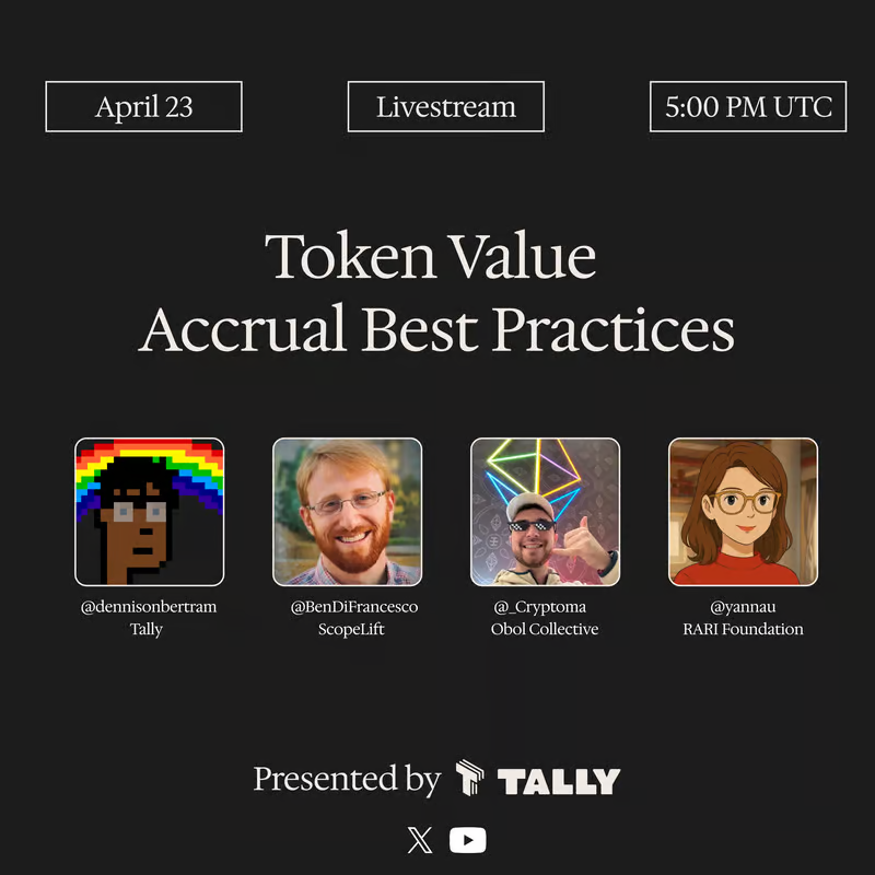 Reminder: I'm doing a livestream with folks from <a href="/tallyxyz/">Tally</a>, <a href="/Obol_Collective/">Obol Collective</a>, and <a href="/rarible/">Rarible</a>  today talking about token value accrual. (Registration in next tweet).