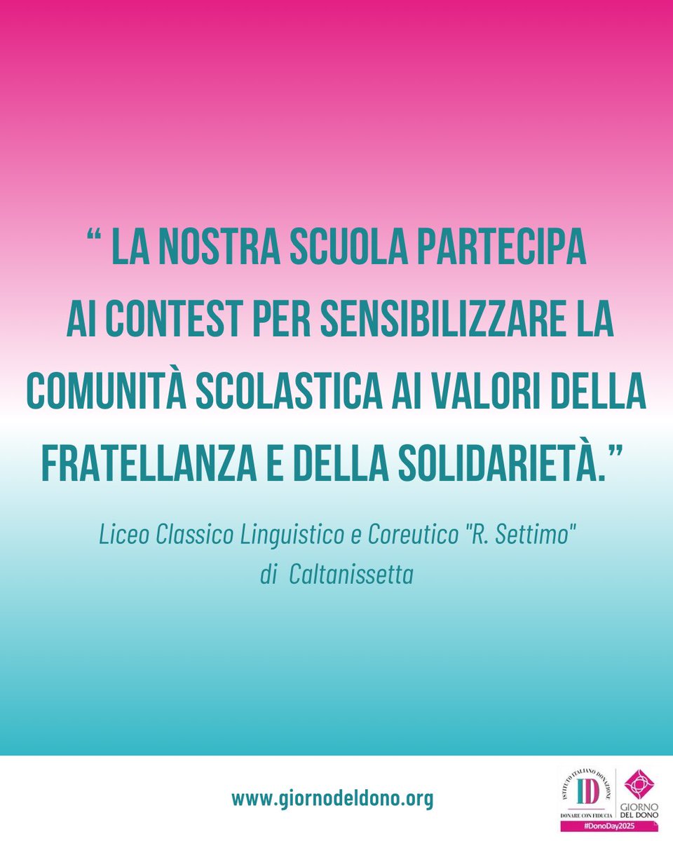 Il dono raccontato dai ragazzi del Liceo Classico Linguistico e Coreutico “R. Settimo” di Caltanissetta per il contest #DonareMiDona.

📝 Per iscriverti, visita il sito ufficiale (giornodeldono.org)e consulta il regolamento.