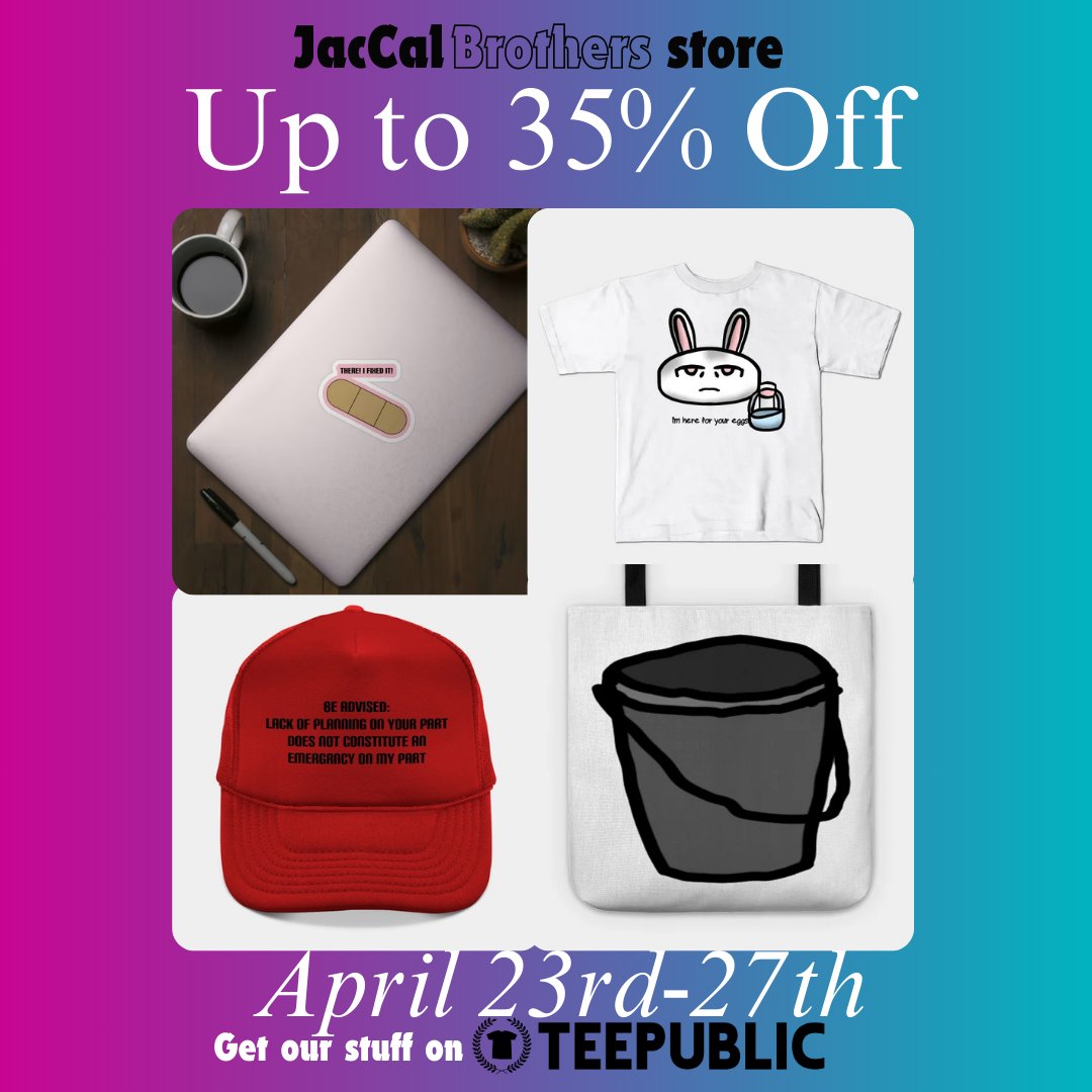 JacCalBrothers's tweet photo. Got another sale happening NOW! Get t-shirts, mugs, stickers and more for up to 35% off on TeePublic! 

https://t.co/YLe7x8HpcG

#teepublicdesign #teepublicartist #teepublic #tshirts #tshirtdesign #sale #Shopping #shoppingonline #SaleAlert https://t.co/dvawxnbbYy