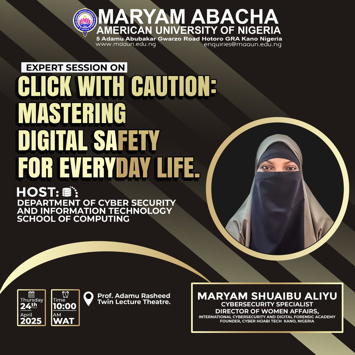 Maryam Shuaibu Aliyu (@cyberhijabitech) on Twitter photo I will be sharing my expertise with students of <a href="/MAAUNigeria/">Maryam Abacha American University of Nigeria</a> tomorrow.
Please🙏 wish me well
The journey into cybersecurity has not been easy but all I can say is ALHAMDULILLAH <a href="/ProfIsaPantami/">Prof. Isa Ali Ibrahim, CON</a>
#Arewa
#Kano
#Womenincyber I will be sharing my expertise with students of <a href="/MAAUNigeria/">Maryam Abacha American University of Nigeria</a> tomorrow.
Please🙏 wish me well
The journey into cybersecurity has not been easy but all I can say is ALHAMDULILLAH <a href="/ProfIsaPantami/">Prof. Isa Ali Ibrahim, CON</a>
#Arewa
#Kano
#Womenincyber