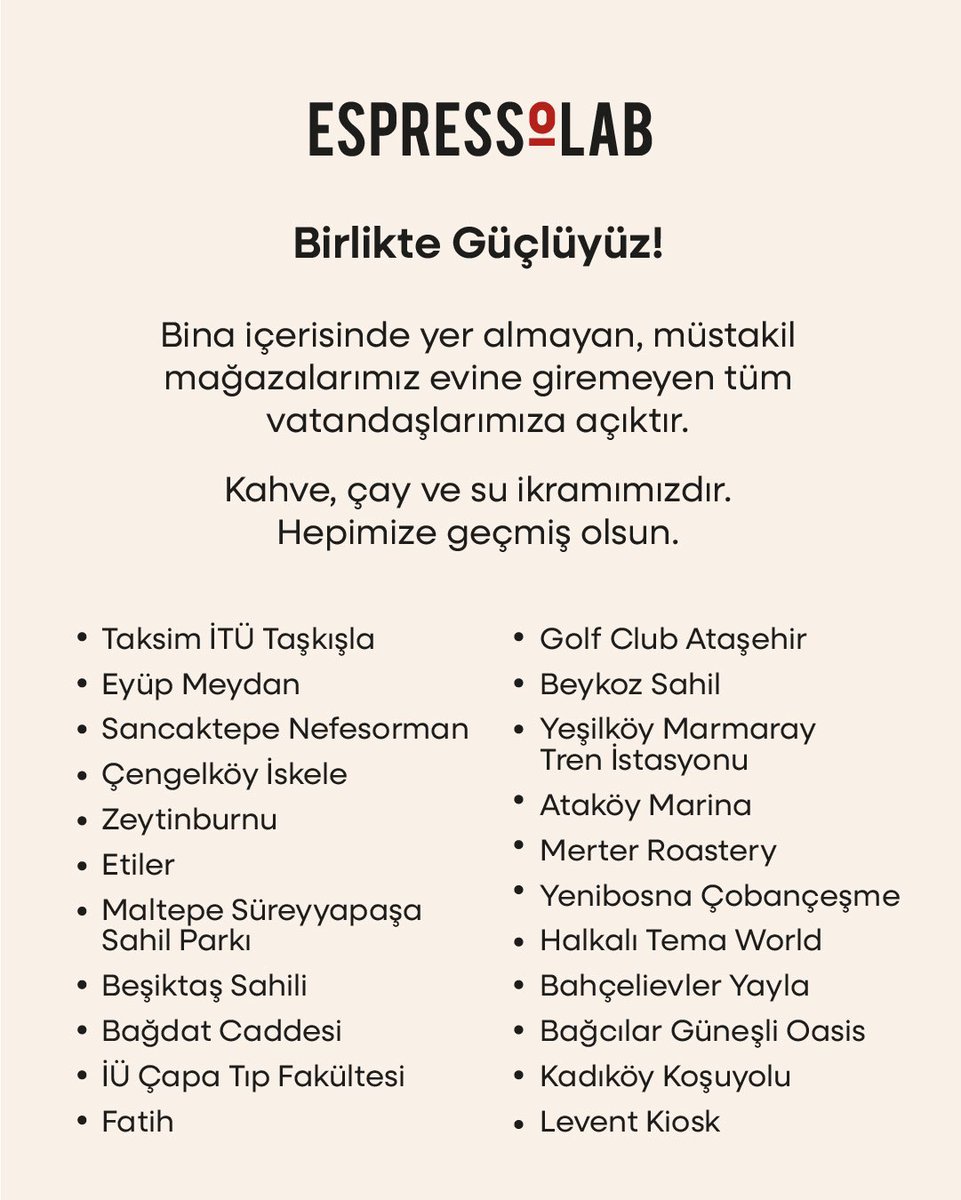 Rüya (@ruyaselcuk) on Twitter photo EspressoLab:
"Birlikte Güçlüyüz!
Bina içerisinde yer almayan, müstakil mağazalarımız deprem sebebiyle evine giremeyen tüm vatandaşlarımıza açıktır.
Kahve, çay ve su ikramımızdır."
Yerli ve milli olmak budur. Helal olsun size. 👏👏👏 <a href="/espressolabtr/">Espressolab</a> #deprem EspressoLab:
"Birlikte Güçlüyüz!
Bina içerisinde yer almayan, müstakil mağazalarımız deprem sebebiyle evine giremeyen tüm vatandaşlarımıza açıktır.
Kahve, çay ve su ikramımızdır."
Yerli ve milli olmak budur. Helal olsun size. 👏👏👏 <a href="/espressolabtr/">Espressolab</a> #deprem