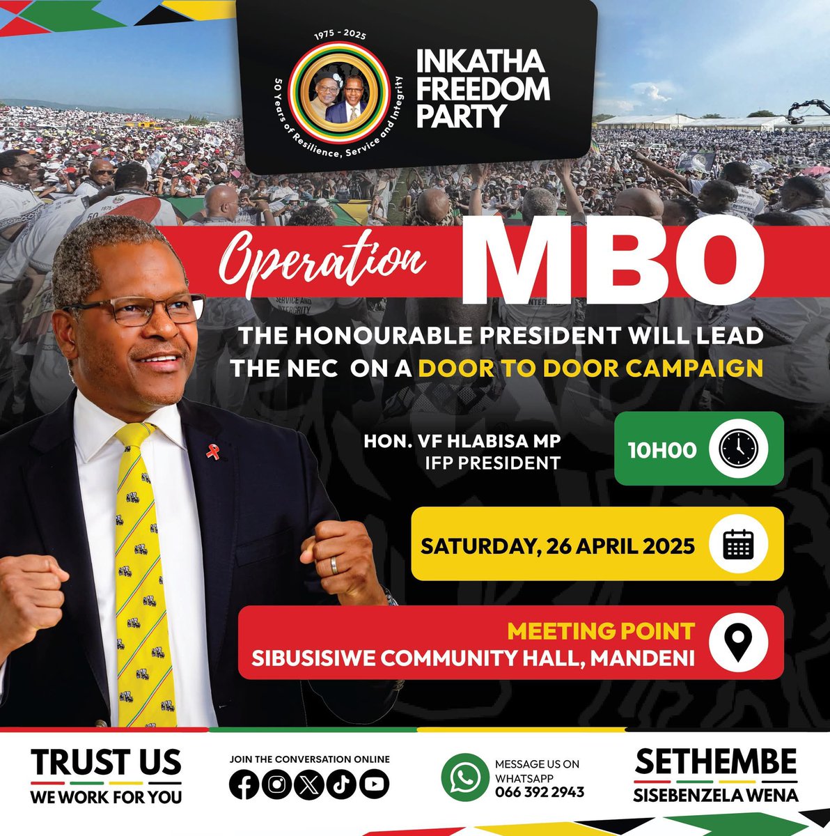 🐘🐘🐘🟥⬜️🟩🟨⬛️⬜️🟥  
OPERATION MBO🚨

Taking our message directly to the people! This weekend, the Honourable IFP President and the NEC will embark on a door-to-door campaign in Mandeni, connecting with communities and championing real solutions.