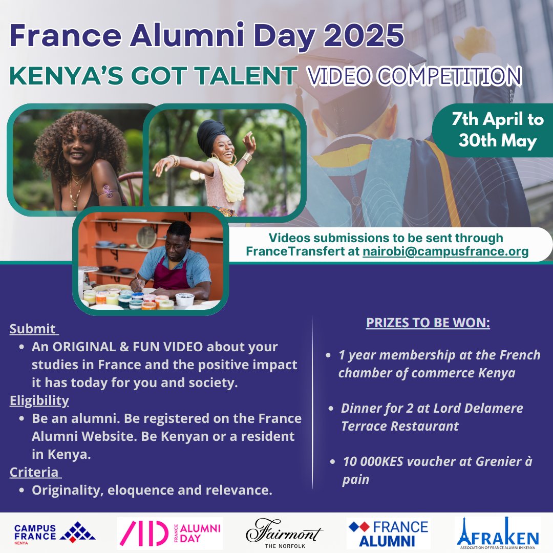 Calling upon all Kenyan France #alumni
As we prepare for the coming #France Alumni days, we invite you to share your talents as you showcase the positive impact that your studies in France have had and continue to have on you and the society today.

Amazing prizes to be won!📽️😎