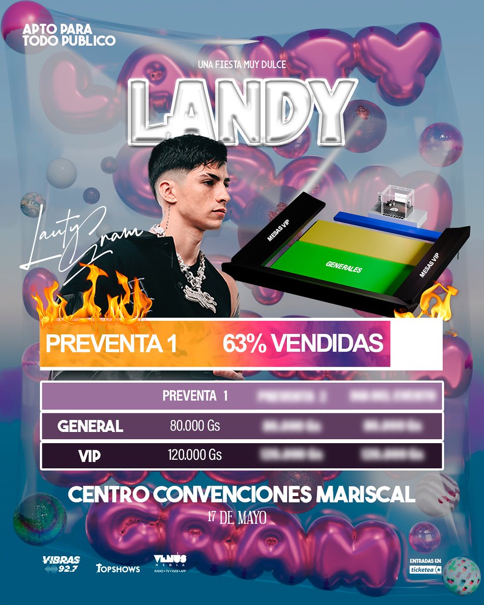 🔥 ¡SOLD OUT EN CAMINO! 🔥
La Preventa 1 de LANDY con Lauty Gram está a nada de agotarse.
¡Es ahora o nunca!

🎫 Entradas en <a href="/TicketeaPy/">Ticketea Paraguay</a>
🥂 Reservas de mesas al (0981) 543 085

📍 Centro de Convenciones Mariscal
🗓️ Sábado 17 de mayo

📻 Media Partner <a href="/vibrasfm/">vibrasfm</a> @venusmediaoficial