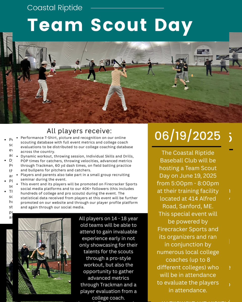 Team Scout day at Crystal Athletic Training Facility! This event is OPEN to the public. This event is being put on by Firecracker Baseball! 
Register today: firecrackersports.com/gpe_event/coas…