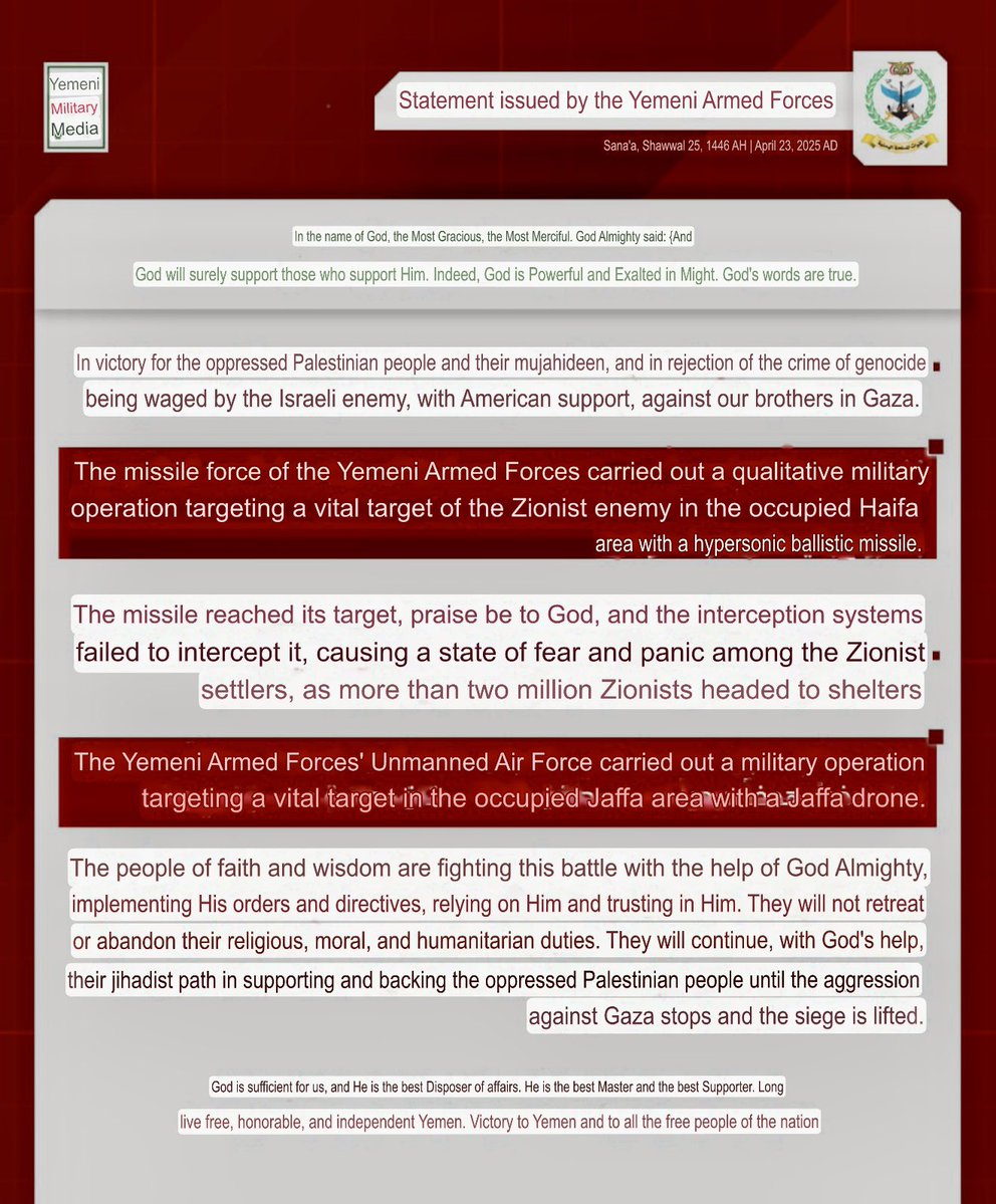 Roberto05246129's tweet image. #Yemen #Houthis #Hezbollah #Hamas #Israel #Gaza #Iran
This morning, Yemen's Ansarullah once again fired a ballistic missile towards the port of Haifa in northern Israel, which is likely the first case of a missile being fired at a range of over 2,000 kilometers towards Israel.…