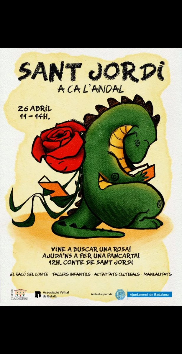 salvemcalandal's tweet image. Bona #diada de Sant Jordi! 📚🌹💚

Nosaltres celebrem el #SantJordi 
➡️el proper dissabte! 
☝️Dia 26, d'11 h. a 14 h. ‼️

Vine i ajuda a #SalvemCalAndal 🌹📚

#Bufalà #Badalona