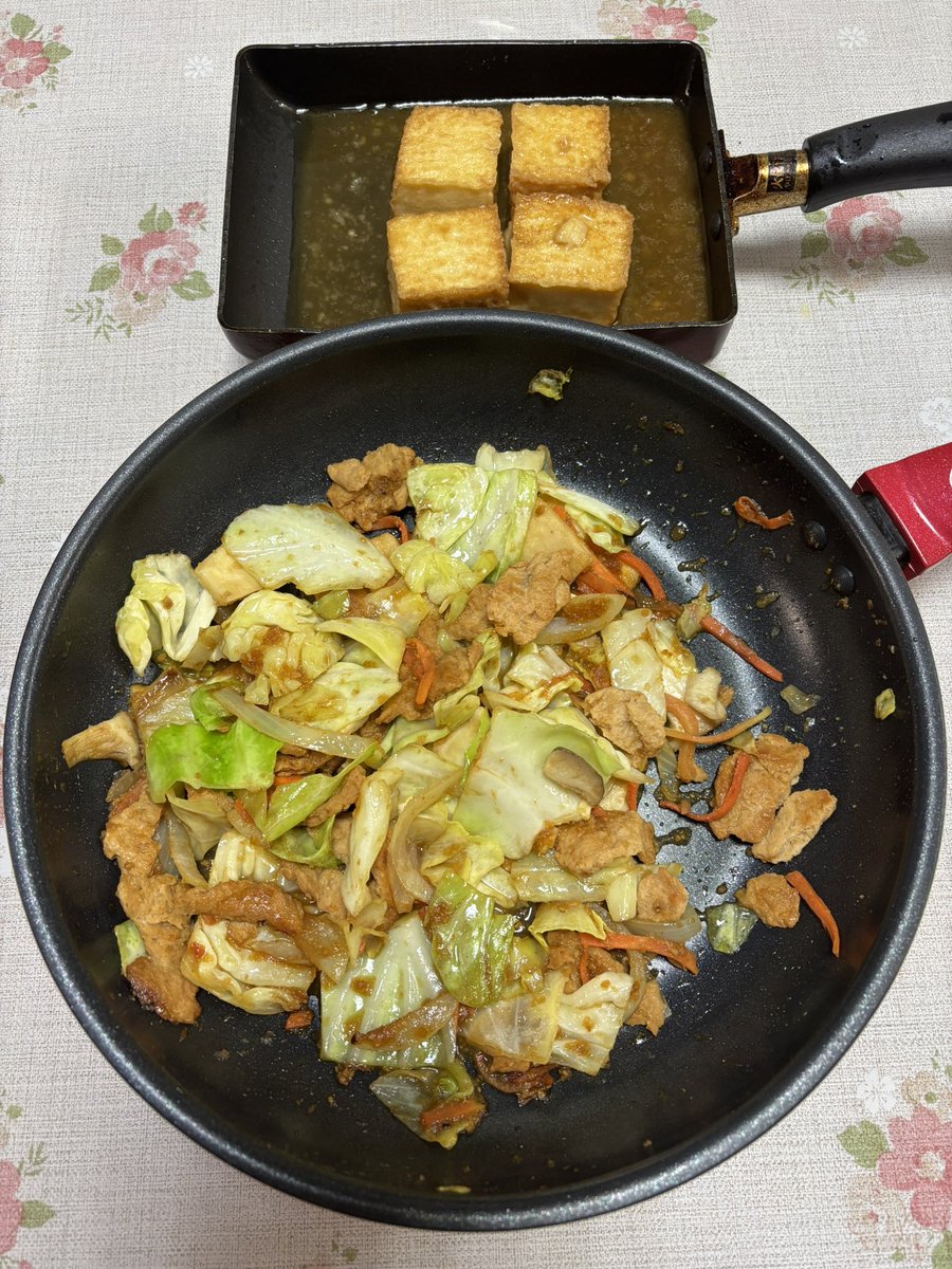 vegan__teacher's tweet photo. 水曜夜も夫の手料理で👨
「大豆ミート入り野菜炒め」と
「揚げ出し豆腐」でした🫘🥗

北関東の人なら分かる❓
「四季紅」系メニューも
動物の犠牲一切なしで作れます🌱💚

#脱搾取 #vegan #大豆ミート #soymeat #野菜炒め #friedvegetables #夕食 #dinner #四季紅 https://t.co/oP2U6VuoZk