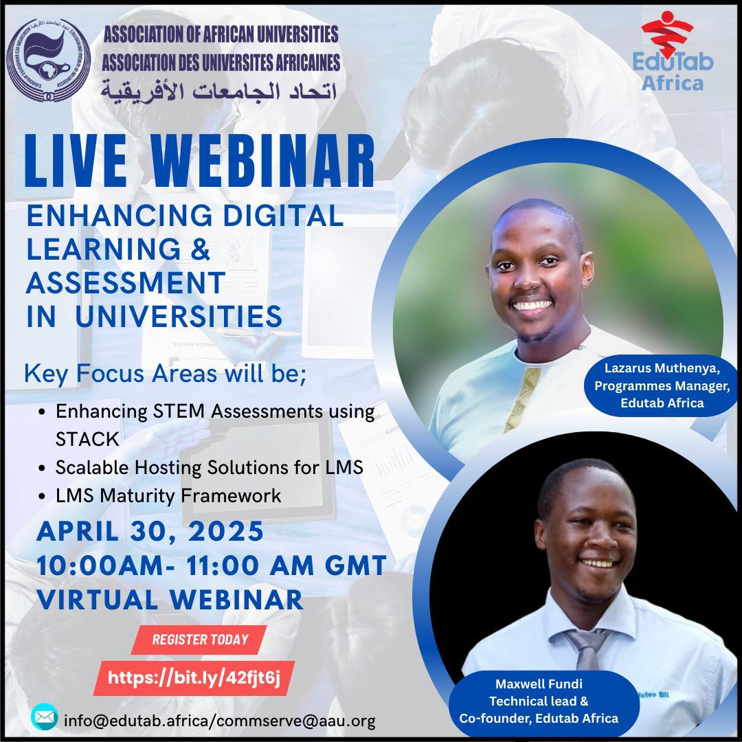 Association of African Universities (@aau_67) on Twitter photo Join the <a href="/Edutab_Africa/">Edutab Africa</a> and #AAU webinar on "Enhancing Digital Learning & Assessment in African Universities"!
šļø April 30, 2025 | š 10ā11 AM GMT | š» Virtual
Explore LMS maturity, e-assessments & hosting solutions.
Register now: bit.ly/42fjt6j
#EdTechAfrica Join the <a href="/Edutab_Africa/">Edutab Africa</a> and #AAU webinar on "Enhancing Digital Learning & Assessment in African Universities"!
šļø April 30, 2025 | š 10ā11 AM GMT | š» Virtual
Explore LMS maturity, e-assessments & hosting solutions.
Register now: bit.ly/42fjt6j
#EdTechAfrica