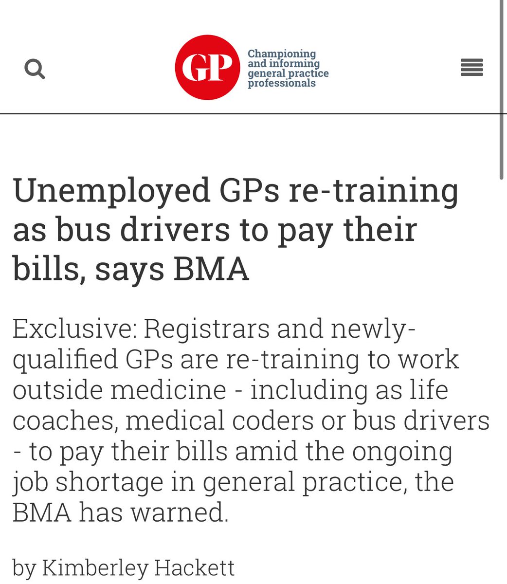 Dr Haseena Wazir (@drhwazir) on Twitter photo Newly qualified GPs are retraining as bus drivers due to a shocking lack of jobs.
Meanwhile, patients are waiting weeks for GP appointments.
<a href="/wesstreeting/">Wes Streeting</a> how is this happening during an NHS crisis? What a disgraceful waste of talent. The system is failing doctors and patients! Newly qualified GPs are retraining as bus drivers due to a shocking lack of jobs.
Meanwhile, patients are waiting weeks for GP appointments.
<a href="/wesstreeting/">Wes Streeting</a> how is this happening during an NHS crisis? What a disgraceful waste of talent. The system is failing doctors and patients!