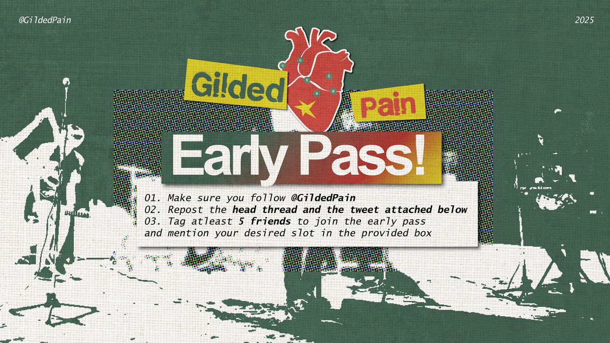 GildedPain's tweet photo. ㅤ
𝗘𝗔𝗥𝗟𝗬 𝗣𝗔𝗦𝗦! 
Your heartbreak arc starts early. 2 free slots are waiting—are you one of the chosen?
ㅤ https://t.co/fSq6avOBy4