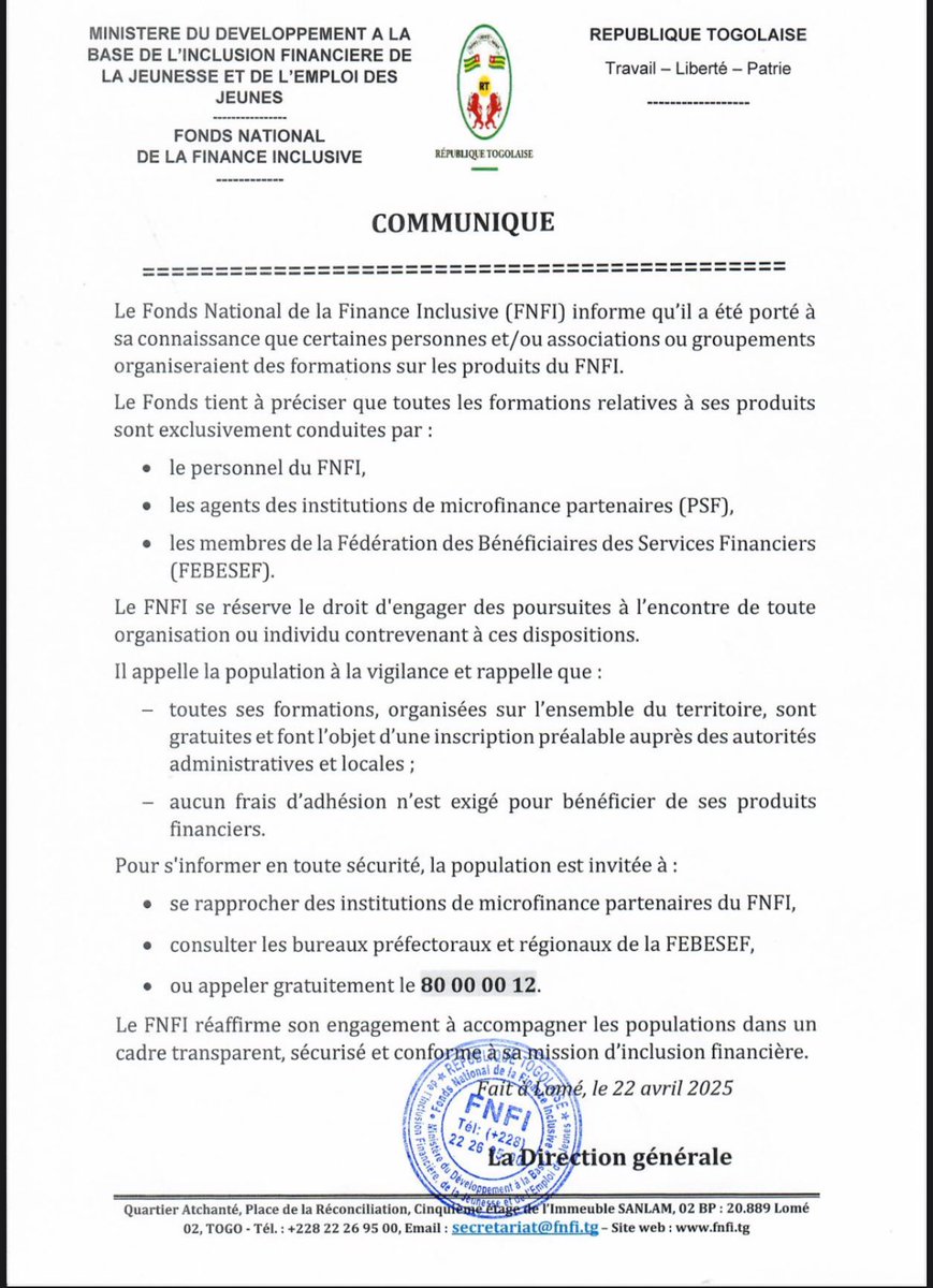 [ALERTE FNFI]

De fausses formations payantes non autorisées circulent. Soyez vigilants !

Les vraies formations du FNFI sont GRATUITES et organisées par des agents habilités.

Infos : 80 00 00 12

#FNFI #Togo #InclusionFinancière #FormationFNFI #FormationGratuite
