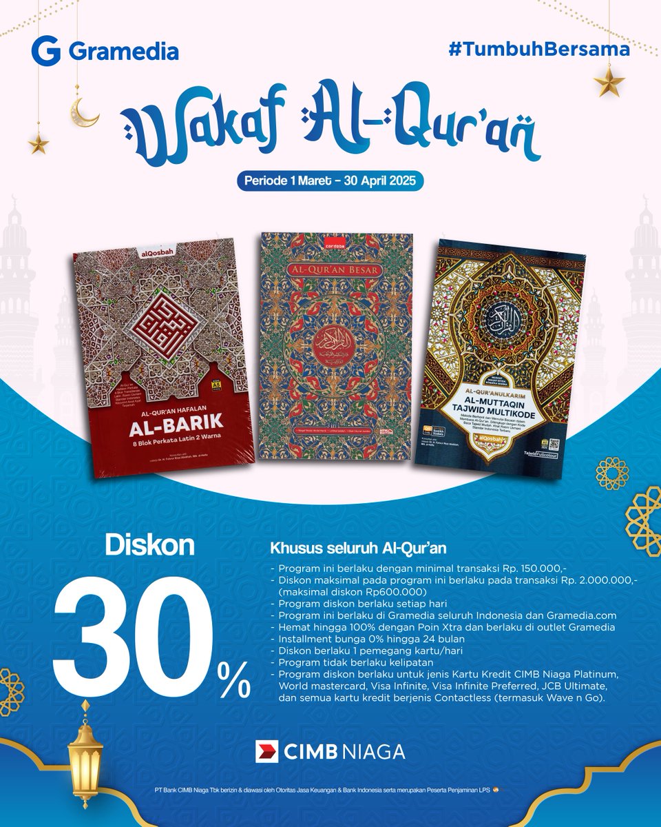 Spesial Ramadan bareng CIMB! ✨📢

Belanja buku lebih hemat pakai Kartu Debit/Kredit CIMB Niaga!
📖 Diskon 25% terbitan Gramedia (min. 200rb) – Berlaku sampai 31 Mar 2025
📖 Diskon 30% Al-Qur’an (min. 150rb) – Berlaku sampai 30 Apr 2025

#TambahBerkahnya dengan koleksi baru! 💫📚
