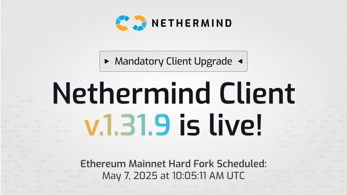 Nethermind Client v1.31.9 is live🎉 🚨🚨🚨 This is a MANDATORY upgrade for  all node operators running on @ethereum mainnet in preparation for the  #PectraUpgrade hardfork. The hard fork of the Ethereum Mainnet chain