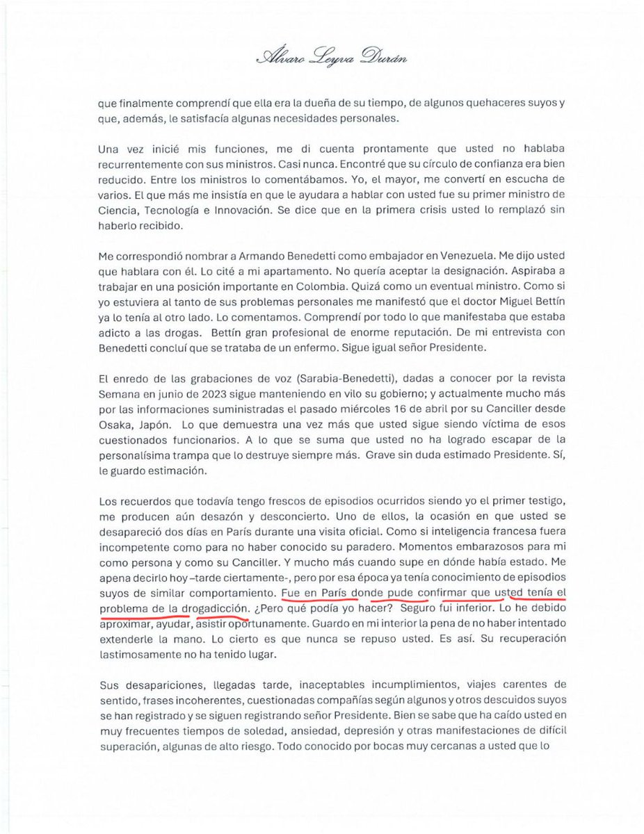 Esto es de la mayor gravedad. Álvaro Leyva le confirma la país que Petro es drogadicto ("Fue en París donde pude confirmar que usted tenía el problema de drogadicción")

Petro debe someterse a exámenes médicos que determinen su capacidad para manejar el Estado. 

Este resultó