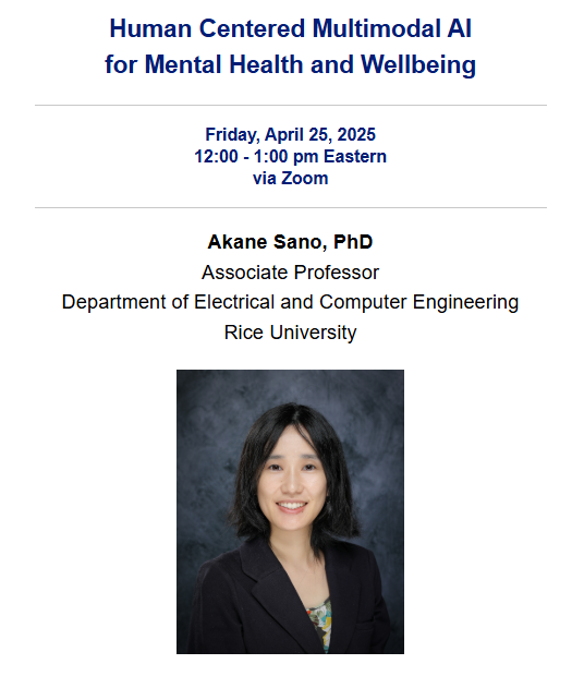 This Friday! We're excited to host <a href="/AkaneSano_/">Akane Sano</a>, Associate Professor <a href="/RiceUniversity/">Rice University</a> at our next CTBH Seminar! #MentalHealth #ArtificialIntelligence