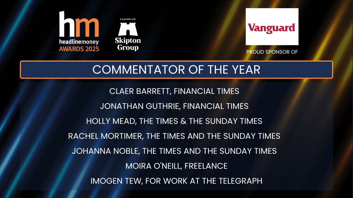 Now to reveal the shortlist for Commentator of the Year #HMAwards25, sponsored by <a href="/Vanguard_UK/">Vanguard UK</a>... 
 
 Well done to <a href="/ClaerB/">Claer Barrett</a>, <a href="/holly_mead_/">Holly Mead</a>, <a href="/imogen_tew/">Imogen Tew</a>, <a href="/JohannaMNoble/">Johanna Noble</a>, Jonathan Guthrie, <a href="/MoiraONeill/">Moira O'Neill</a> &amp; <a href="/R_A_Mortimer/">Rachel Mortimer</a> 👏
 
 tinyurl.com/3wkkrzkp