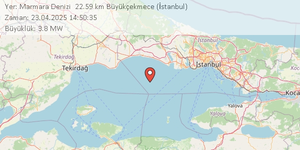 son__depremler's tweet photo. Yer: Marmara Denizi  22.59 km Büyükçekmece (İstanbul)
Zaman: 23.04.2025 14:50:35
Büyüklük: 3.8 MW
Derinlik: 7 Km. 
Detay: https://t.co/81rU9dypM4
#İstanbul #deprem https://t.co/hTVg3AmPlG