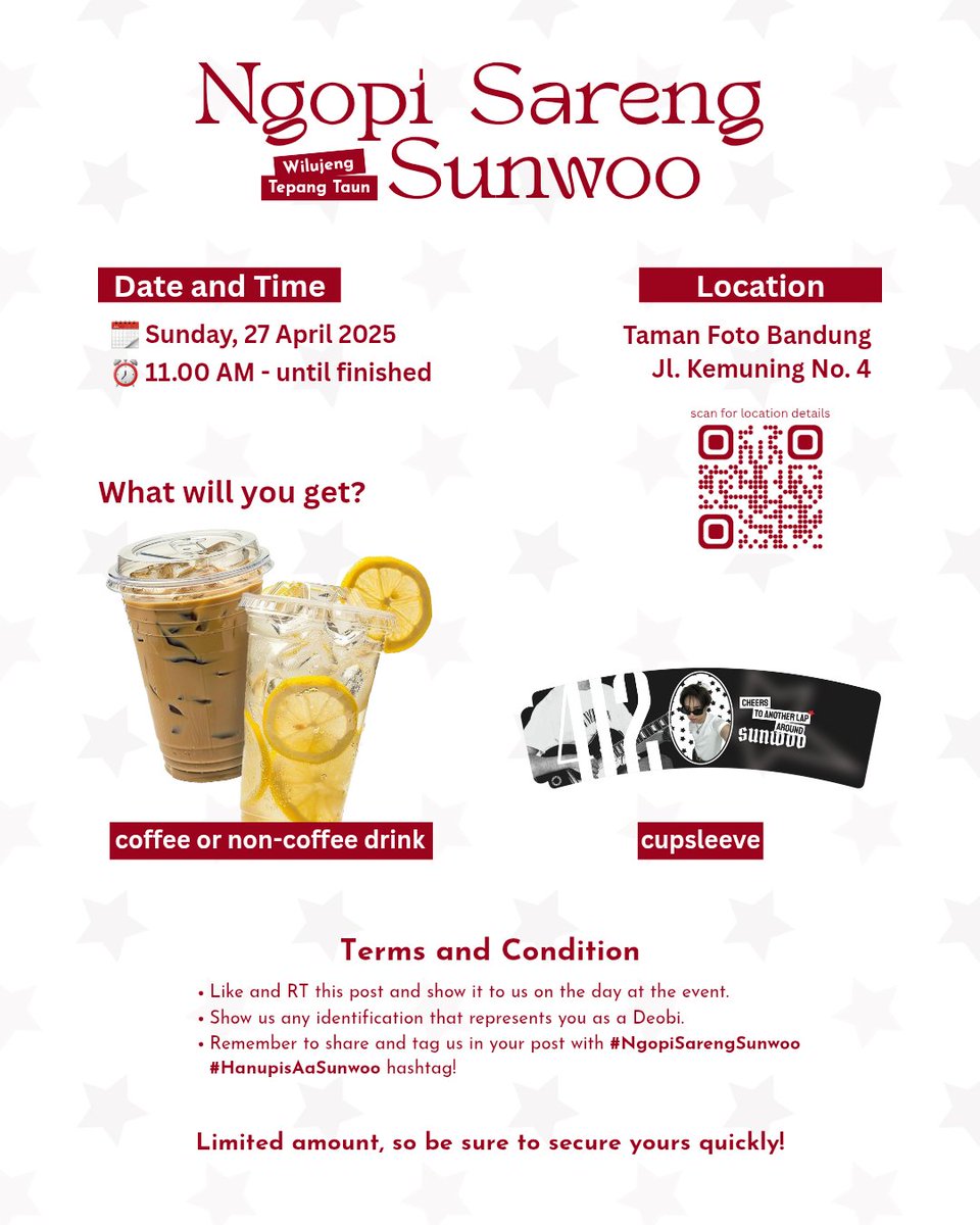 ☕️  Ngopi Sareng Sunwoo ⋆.ᐟ

       Sunwoo Birthday Event in Bandung.

⋆ Cupsleeve preview + Drink (FREE)

Detail (NEW) location &amp; TnC kindly check poster below! ❤️‍🩹🎸🚨❕️
#NgopiSarengSunwoo
#HanupisAaSunwoo

#선우 #SUNWOO #더보이즈 #THEBOYZ <a href="/THEBOYZ_officl/">더보이즈 (THE BOYZ)</a>