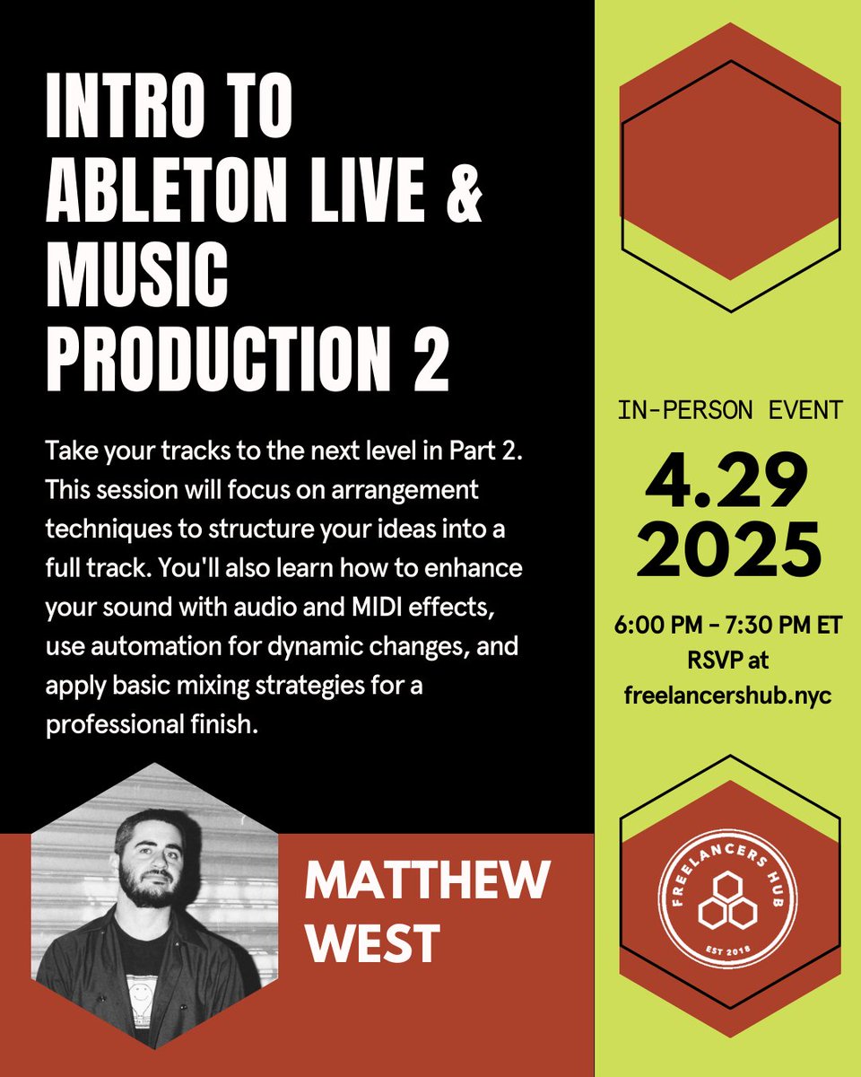 Take your tracks to the next level in Part 2 of our Intro to Ableton Live &amp; Music Production workshop series at the <a href="/nyc_hub/">Freelancers Hub NYC</a>. RSVP and start creating your own beats: eventbrite.com/e/intro-to-abl…