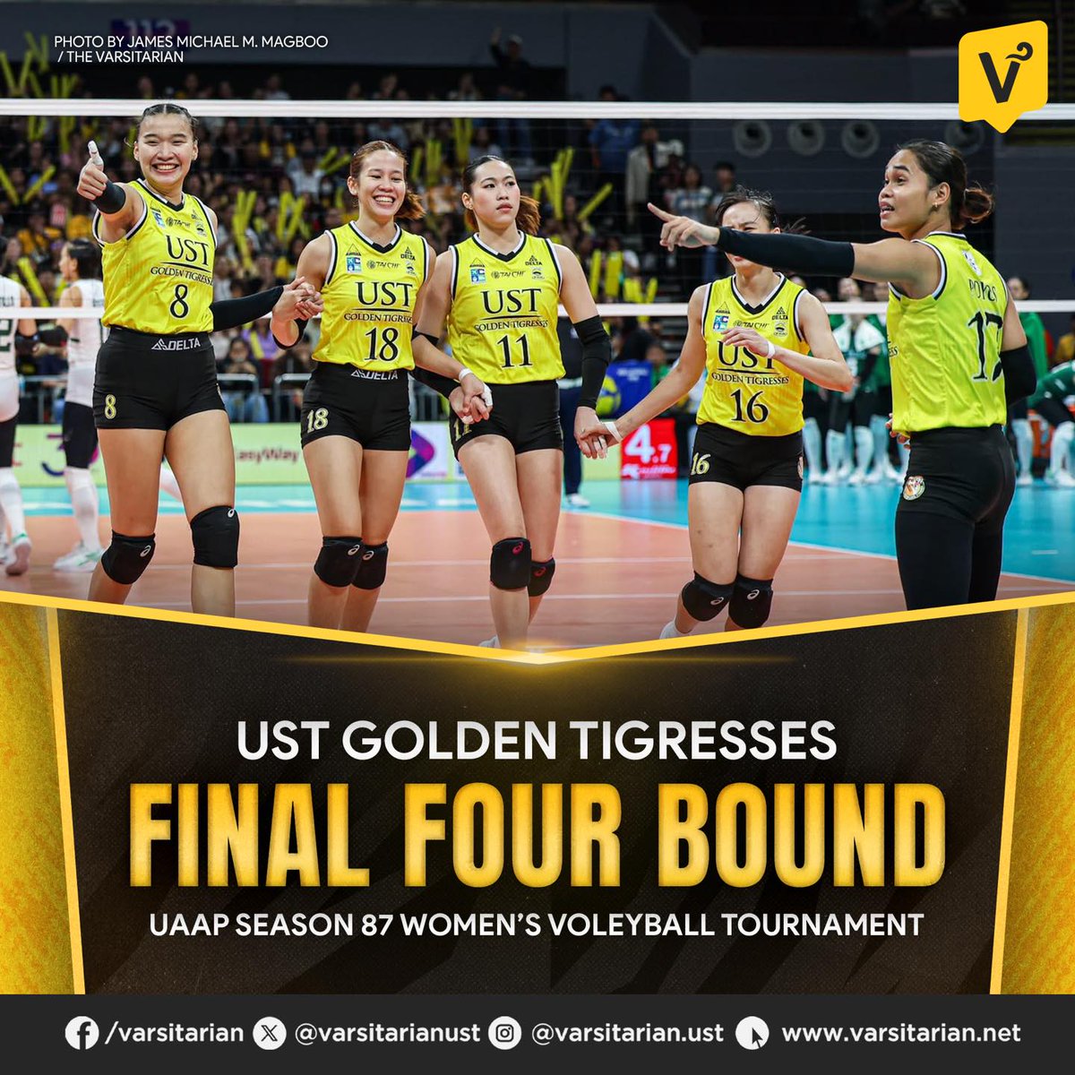 VSportsUST's tweet photo. TIGRESSES ARE HEADED TO THE FINAL FOUR ⏩️🐯

With their three-set victory over UP today, the UST Golden Tigresses have secured their spot in the #UAAPSeason87 Final Four. #GoUSTe https://t.co/oo5Rbhzcrg