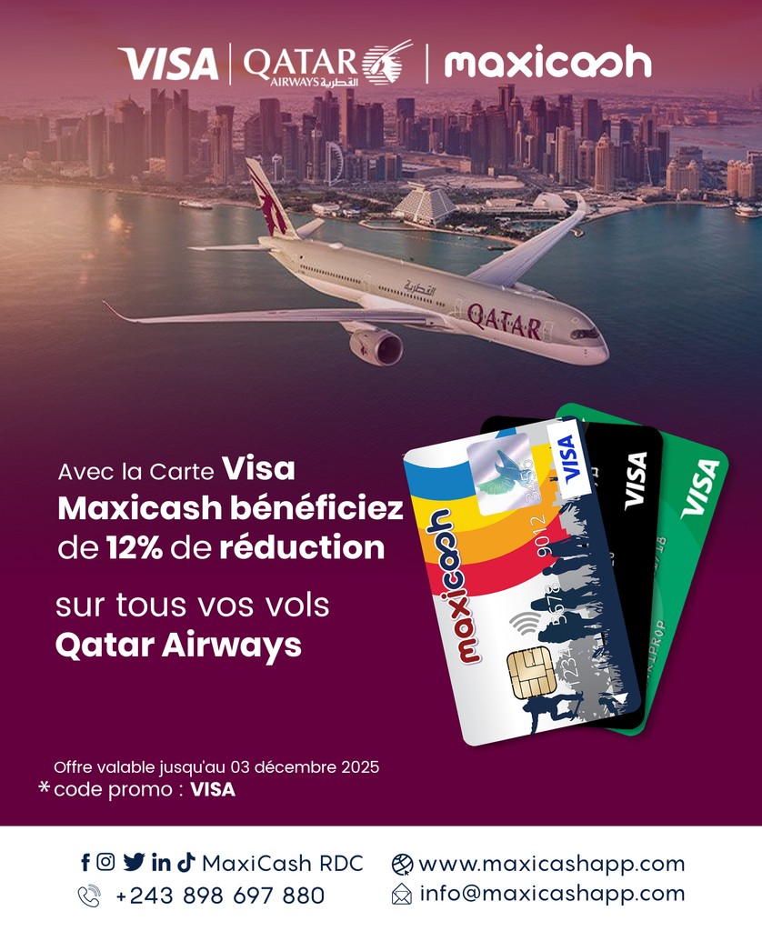 Profitez de 12 % de réduction sur tous vos vols Qatar Airways.
Réservez ici 👉 qatarairways.com/.../offers/cug… 
Code promo : VISA 
Offre valable jusqu’au 3 décembre 2025.
N’attendez pas

Infos : +243 898 697 880

#VisaMaxiCash #QatarAirways #VoyageIntelligent #RéductionVols #PromoVoyage