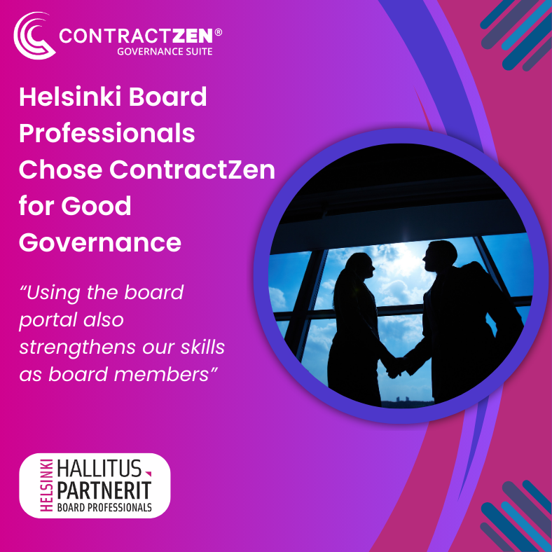Helsinki Board Professionals Chose ContractZen for Good Governance

Board Professionals – Hallituspartnerit Helsinki now use ContractZen to improve board work in Finnish small and medium-sized businesses. The cooperation helped digitize their core tasks and boost governance.

Top