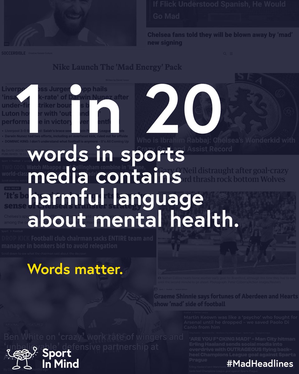 Today Sport in Mind are proud to launch our #madheadlines campaign to tackle harmful language in Sports Media. We want to create long lasting change in how mental health is portrayed in sport. 

Sign our pledge today: sportinmind.org/mad-headlines

#MadHeadlines #Harmful #SportsMedia