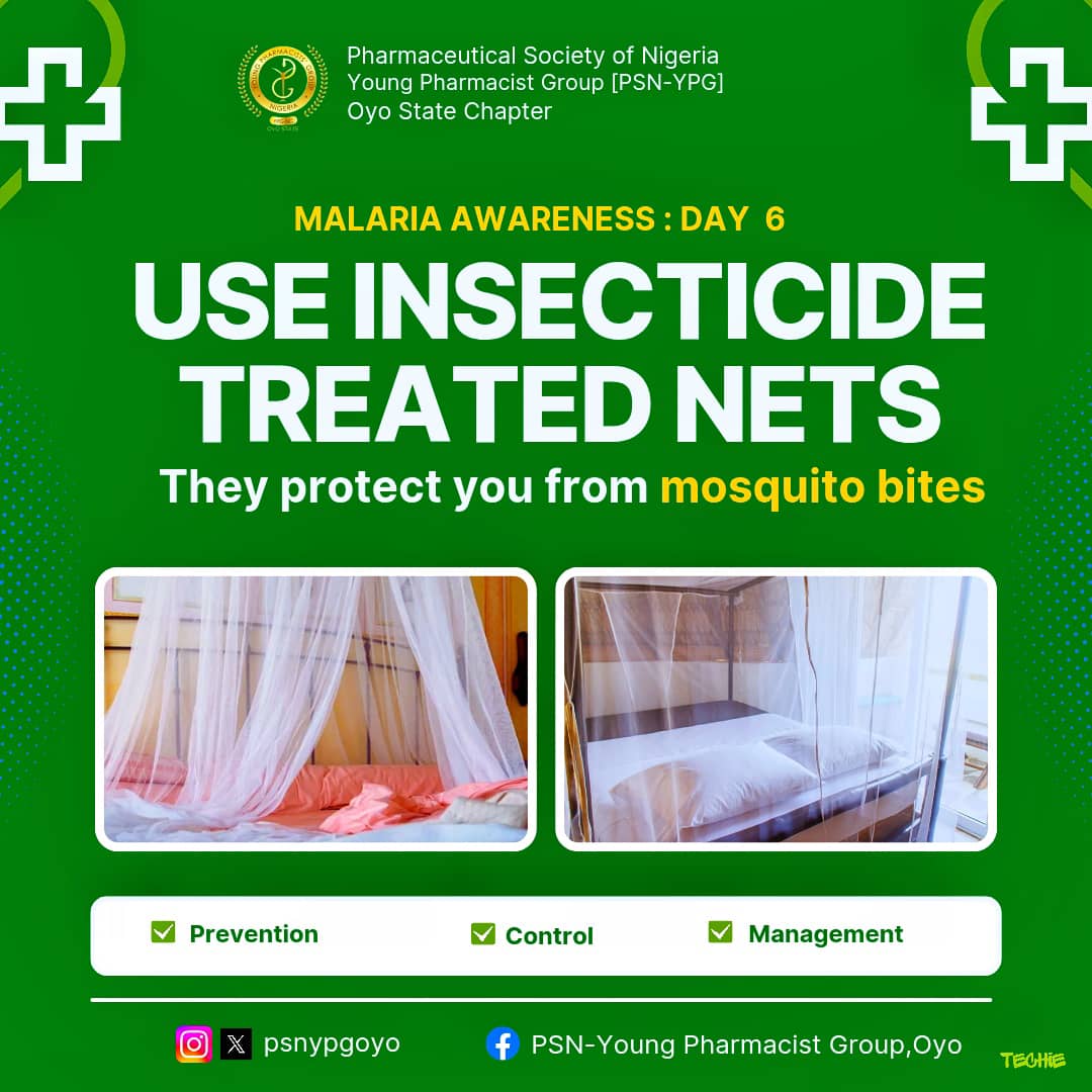 psnypgoyo's tweet photo. 7-DAY MALARIA AWARENESS CAMPAIGN: DAY 6

USE INSECTICIDE TREATED NET

Using long lasting insecticide treated nets provides a malaria-free environment.

Insecticide-treated nets (ITNs) protect you from mosquito bites. https://t.co/HEw4Iab7t7