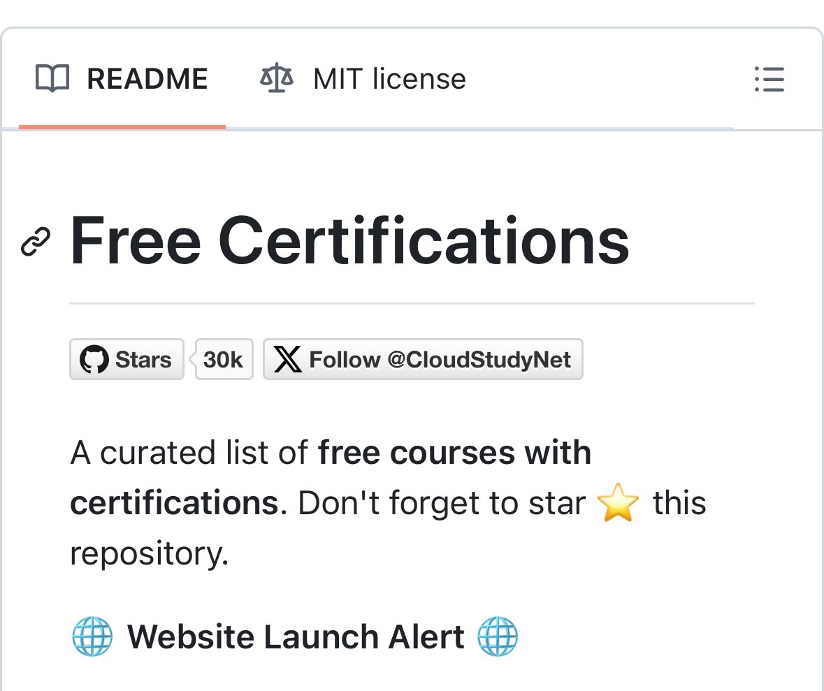 A curated list of free courses with certifications.
