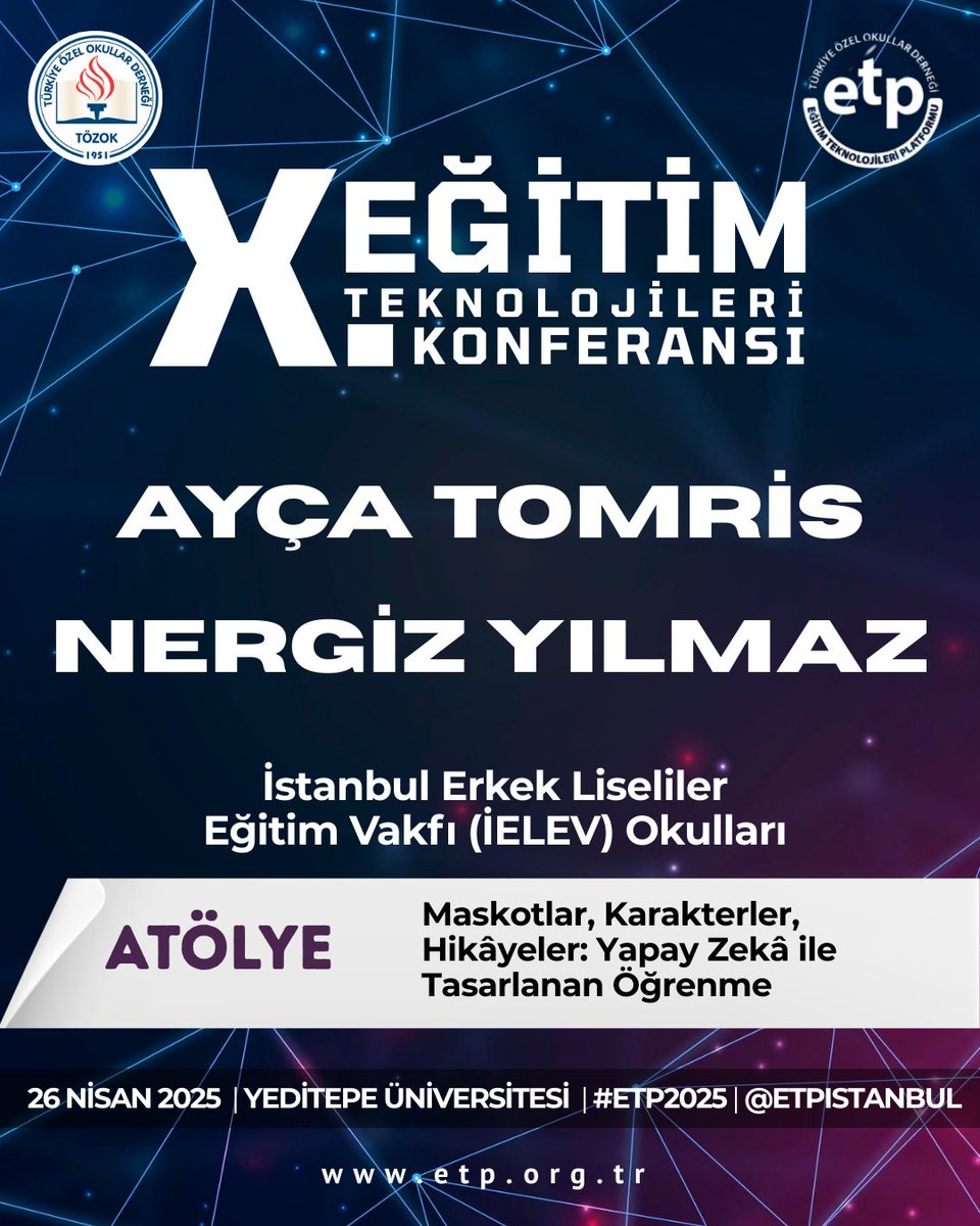 Ayça Tomris ve Nergiz Yılmaz,
“Maskotlar, Karakterler, Hikâyeler: Yapay Zekâ ile Tasarlanan Öğrenme” atölyeleriyle #ETP2025’te sahnede!

👉🏼 Dinleyici kaydı için son gün: 24 Nisan 2025
Detaylar ve kayıt: etp.org.tr
<a href="/etpistanbul/">ETP İstanbul #ETP2025</a>