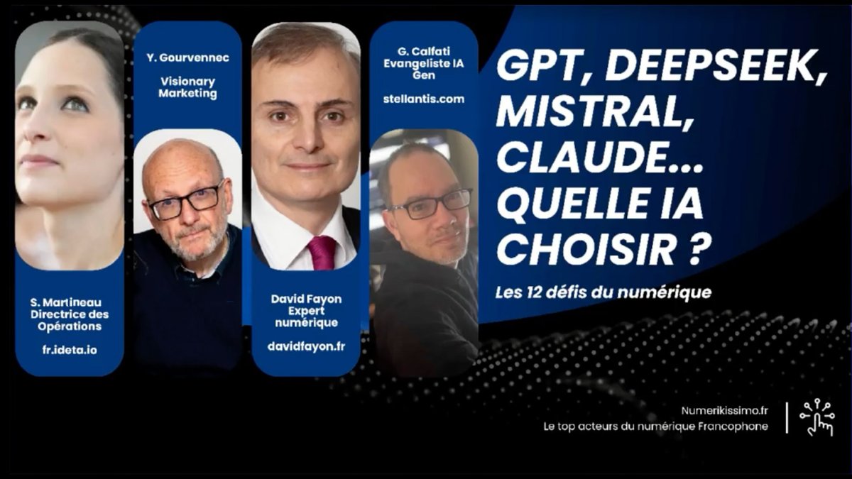 Numerikissimo (@numerikissimo) on Twitter photo Retrouvez un autre résumé du webinaire #Numerikissimo "GPT, Deepseek, Mistral, Claude… quelle IA choisir ?", par <a href="/ygourven/">Yann Gourvennec</a> sur <a href="/vismktg/">Visionary Marketing</a> ▶️ tinyurl.com/4sxh92wj
Et le replay est ici : youtube.com/watch?v=Kwjpuv…
#IA #Chatbot Retrouvez un autre résumé du webinaire #Numerikissimo "GPT, Deepseek, Mistral, Claude… quelle IA choisir ?", par <a href="/ygourven/">Yann Gourvennec</a> sur <a href="/vismktg/">Visionary Marketing</a> ▶️ tinyurl.com/4sxh92wj
Et le replay est ici : youtube.com/watch?v=Kwjpuv…
#IA #Chatbot