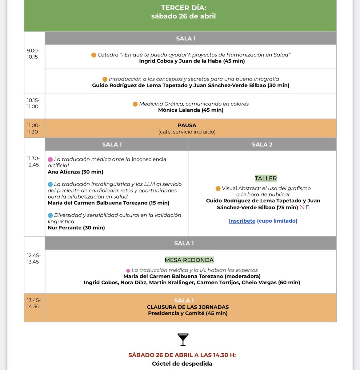 Fernando A. Navarro (@navarrotradmed) on Twitter photo Programa definitivo de las XIV Jornadas Internacionales de Traducción e Interpretación Médicas: tremedica.org/wp-content/upl…
⭐️ <a href="/MKrallinger/">Martin Krallinger</a> <a href="/Paz_G_Polledo/">Paz Gómez Polledo</a> <a href="/doctrad_BauFran/">Fran B. B.</a> <a href="/GoldsmithTrans/">Emma Goldsmith</a> <a href="/elitraduc/">Elisa Manzanal</a> <a href="/tweetmench/">Carmen Torrijos</a> <a href="/IngridCobos1/">Ingrid Cobos</a> <a href="/mlalanda/">Mónica Lalanda</a> <a href="/transandtrain/">Luciana Ramos</a> <a href="/mlalanda/">Mónica Lalanda</a> <a href="/NoraDiazB/">Nora Díaz</a> <a href="/MGClaros/">Ǥợɲƶąḽǫ ≈ ∫ϕx∂x✍ 🟥🟨🟪</a>… Programa definitivo de las XIV Jornadas Internacionales de Traducción e Interpretación Médicas: tremedica.org/wp-content/upl…
⭐️ <a href="/MKrallinger/">Martin Krallinger</a> <a href="/Paz_G_Polledo/">Paz Gómez Polledo</a> <a href="/doctrad_BauFran/">Fran B. B.</a> <a href="/GoldsmithTrans/">Emma Goldsmith</a> <a href="/elitraduc/">Elisa Manzanal</a> <a href="/tweetmench/">Carmen Torrijos</a> <a href="/IngridCobos1/">Ingrid Cobos</a> <a href="/mlalanda/">Mónica Lalanda</a> <a href="/transandtrain/">Luciana Ramos</a> <a href="/mlalanda/">Mónica Lalanda</a> <a href="/NoraDiazB/">Nora Díaz</a> <a href="/MGClaros/">Ǥợɲƶąḽǫ ≈ ∫ϕx∂x✍ 🟥🟨🟪</a>…
