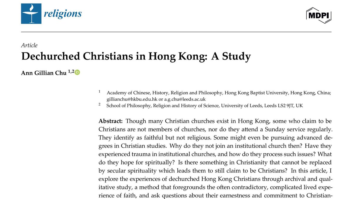 Thanks, Dr Kit Lee &amp; Prof Huang Jianbo <a href="/ECNUER/">East China Normal University</a> for editing the special issue: mdpi.com/2077-1444/16/4… (open access courtesy <a href="/hkbufass/">Faculty of Arts and Social Sciences, HKBU</a>) Coincidental that a paper questioning if institutional church should exist (not about people gathering in name of God), is published at Easter