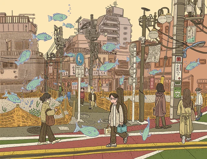 【イラストのお仕事】2025年4月25日に発売されます、『世田谷ライフ 6月号No.93』の扉イラストを担当しました。下高井戸市場の魚のゆうれいを描きました!(市場のお魚屋さんでよく南蛮漬けを買ってました) 