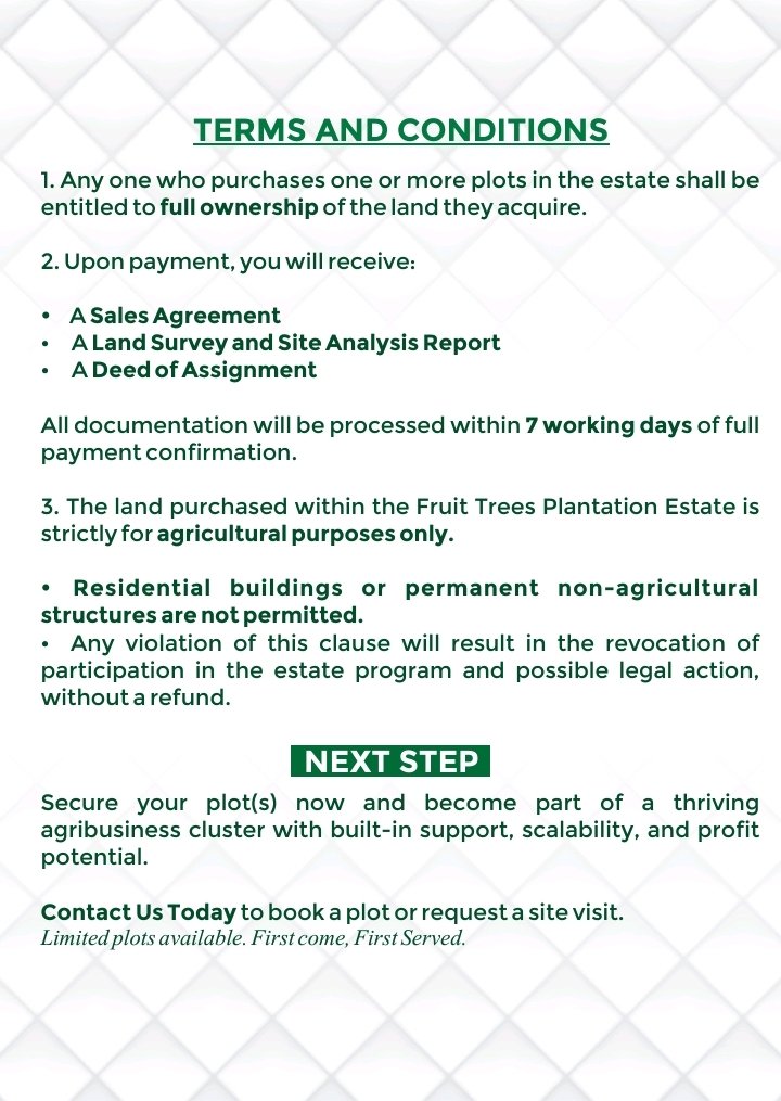 Fruit Trees Projects (@fruittreesng) on Twitter photo Own a Part of A Fruit Trees Plantation Estate & Start Earning From Year 1!
<a href="/FruitTreesNg/">Fruit Trees Projects</a> is selling 500 plots (50 x100 ft) in its proposed Fruit Plantation Estate in Millennium City-Chikun LGA, Kaduna State
A fruit trees plantation on just 1 plot can generate over ₦1.4M yearly Own a Part of A Fruit Trees Plantation Estate & Start Earning From Year 1!
<a href="/FruitTreesNg/">Fruit Trees Projects</a> is selling 500 plots (50 x100 ft) in its proposed Fruit Plantation Estate in Millennium City-Chikun LGA, Kaduna State
A fruit trees plantation on just 1 plot can generate over ₦1.4M yearly