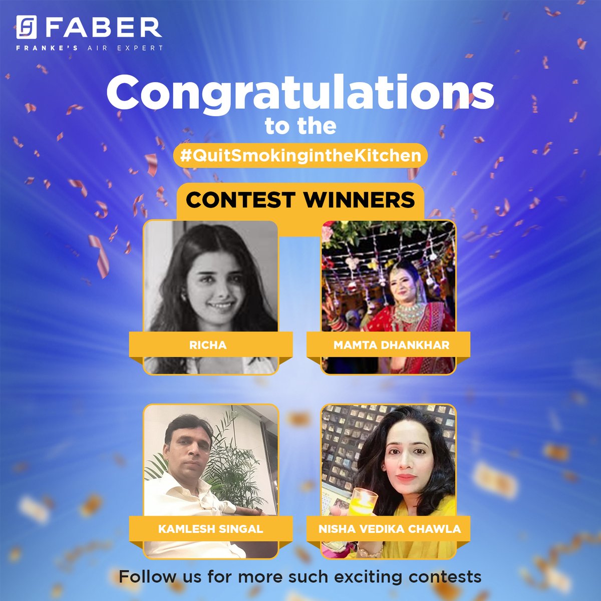 A big congratulations to the winners of the #QuitSmokingInTheKitchen contest!

Please send us your details via DM to claim your prize!

A heartfelt thank you to everyone who participated. Stay tuned for more!

#ContestWinner #FaberIndia #SaferWithFaber #QuitSmokingInTheKitchen